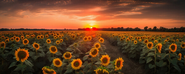 sunset in the field of sunflowers 