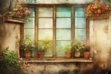 Fototapeta na wymiar A window, decorations, and flowers serve as the watercolor paper background for a painting. Generative AI