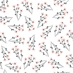 Floral pattern for bed linen. Delicate flowers for printing on children's things. Pink flowers with black stems. Set of pink leaves for print and background.