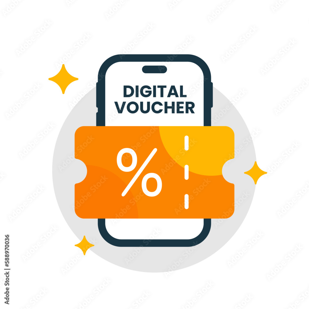 Poster digital voucher on smartphone screen concept illustration flat design vector eps10. graphic element 