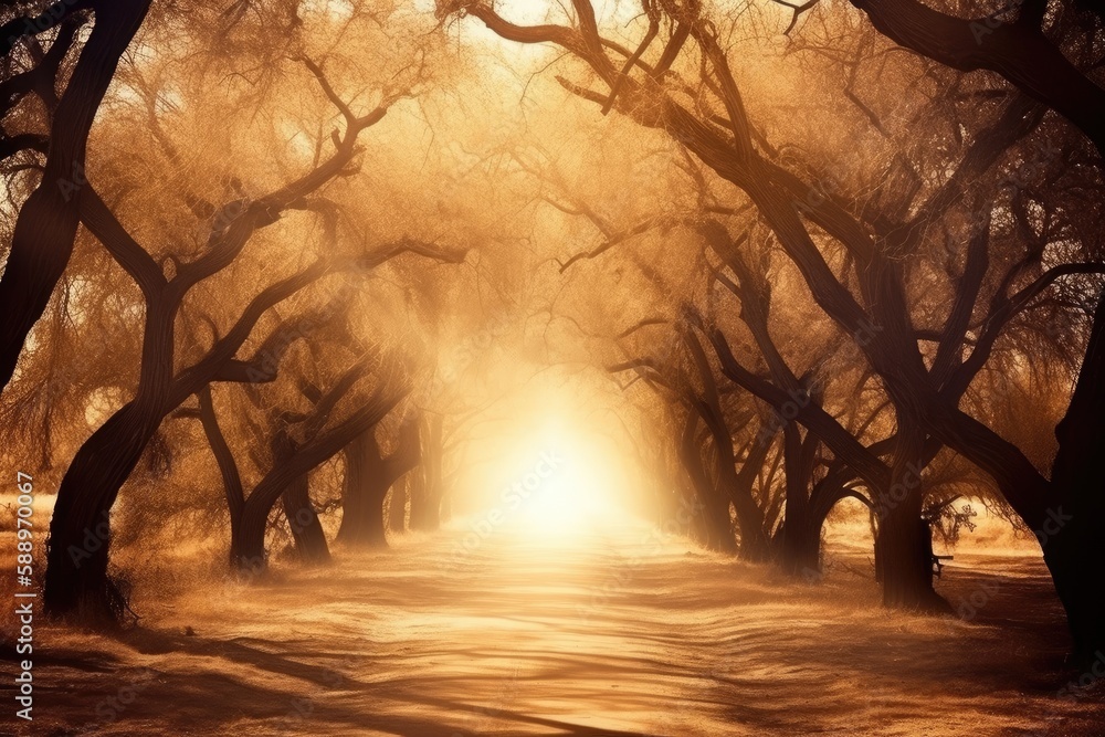Poster sunlight filtering through trees in a lush forest. generative ai