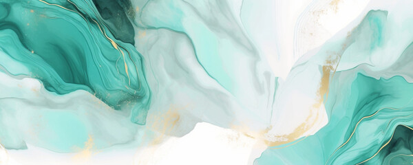 abstract blue background with drops, pastel cyan mint liquid marble watercolor background with gold lines and brush stains