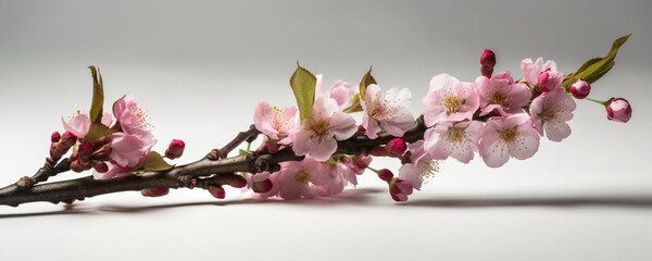 branch of cherry bloom, pink sakura blossom isolated, white background