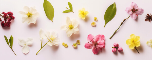 spring flowers, flat lay, minimalistic background, modern colors, copy space 