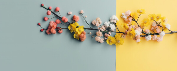 red and yellow flowers, spring flowers, copy space, flat lay, minimalistic background, modern colors, copy space 