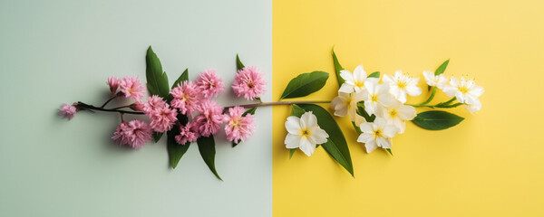 bouquet of flowers, spring flowers, copy space, flat lay, minimalistic background, modern colors, copy space 