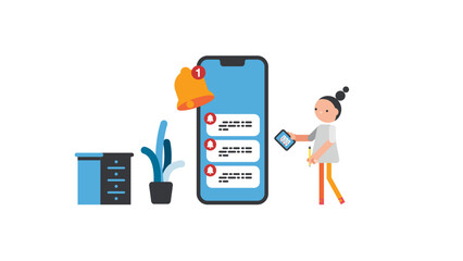 Woman get chat messages notification in smartphone app.Flat Vector illustration.