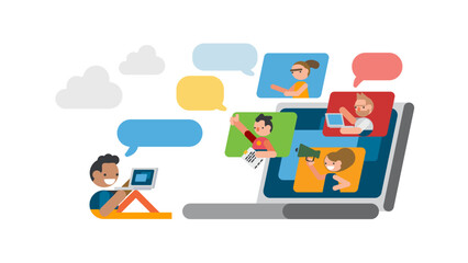Video conference concept in flat style. Team members discussing project online scene.