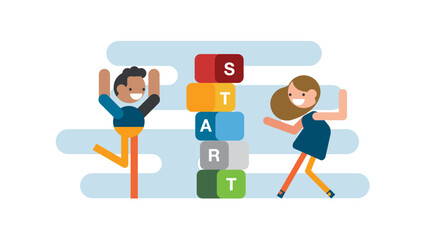 Woman and man connect puzzle elements with the word start. Starting a business team, success of the team together