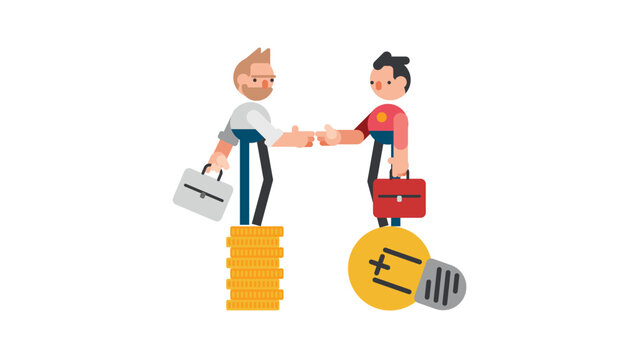 Entrepreneur standing on light bulb idea lamp shaking hands with Man on money coins stack.