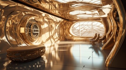 Bronze and Gold Meet Futuristic Interior: Award-Winning 8k HD Design Stylized with Bionic White Shiny Walls in Old Cathedral Palace, Generative AI