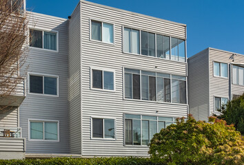 Modern and new apartment building. Multistoried modern, new living block of flats. Real estate condo architecture