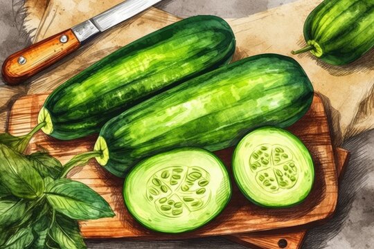 A watercolor painting of a ripe cucumber with slices was created by hand. Generative AI