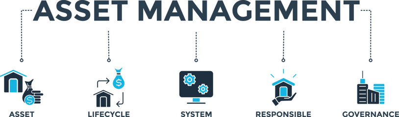 Asset management banner web icon vector illustration concept with icon of asset, life cycle, system, responsible and governance