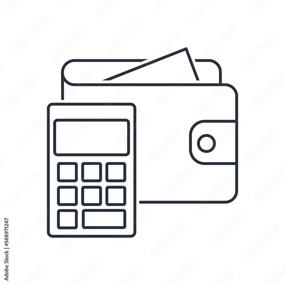 Poster wallet and calculator. budget control. vector linear icon isolated on white background.