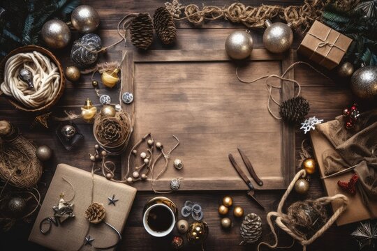 Over a wooden table with gift boxes and decorations, a Christmas greeting card or picture frame. Generative AI