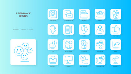 Feedback icons collection with blue outline style. client, feedback, chat, comment, consumer, customer, help. Vector illustration