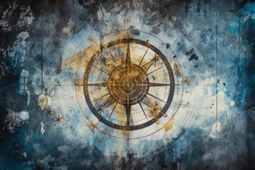 compass painted on a brick wall with a vintage aesthetic. Generative AI