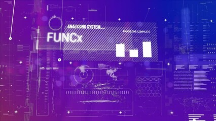 Animation of computer language over texts, graphs, globe, map, loading bars on abstract background