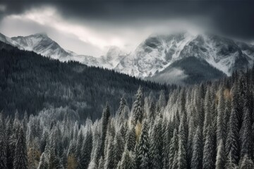 Gorgeous scene with majestic, snow-covered mountains, green fir trees, and a cloudy sky. Generative AI