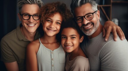 Fototapeta premium An image of a loving LGBT family, with two gay parents and their adopted children, smiling and embracing each other, against a warm and welcoming background. Generative AI