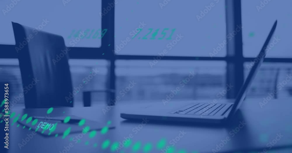 Aufkleber animation of statistical data processing against laptop, pen and paper on office desk