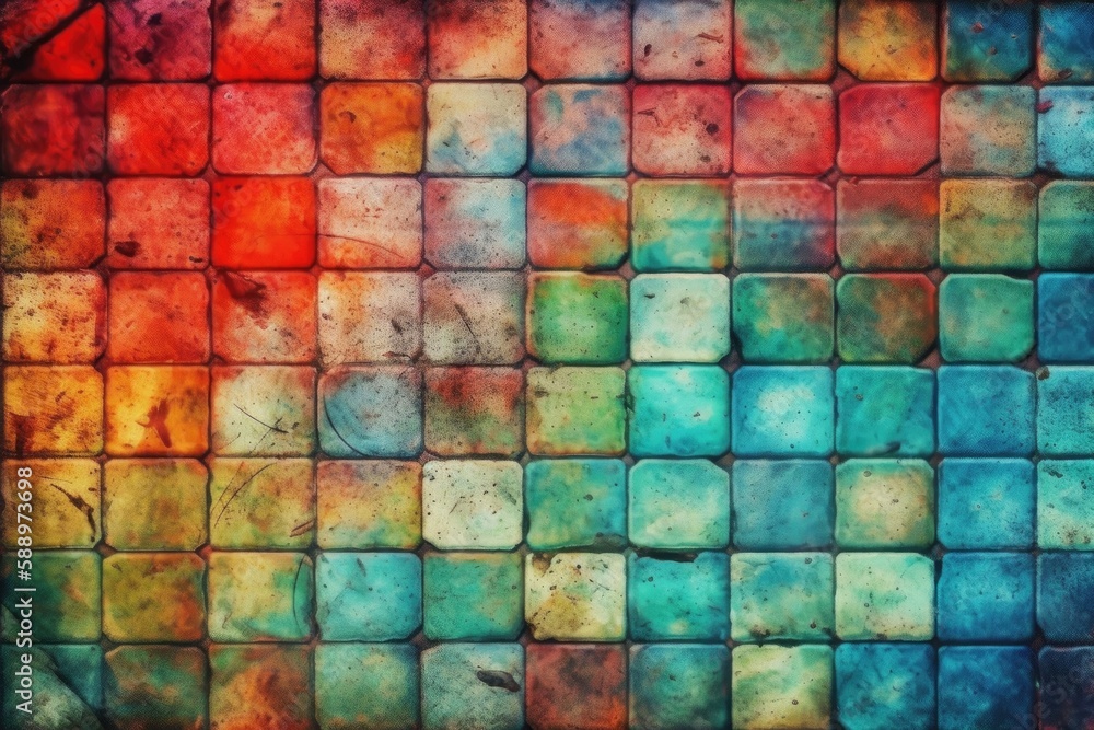 Poster colorful tiled wall with a square pattern. generative ai