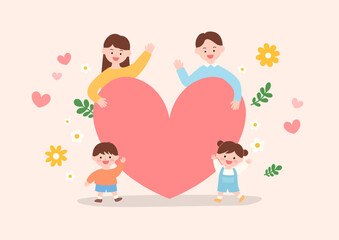 Illustration of a family with a pink heart.