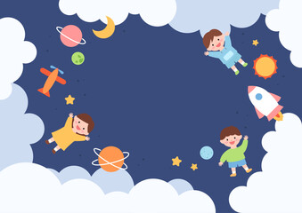 Frame with kids flying in the clouds and space.