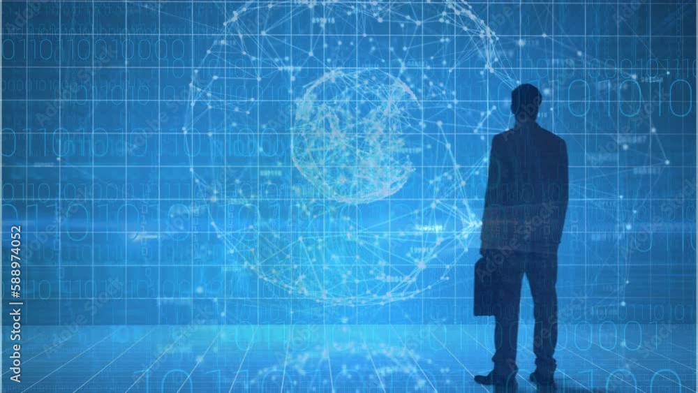 Poster animation of rear view of a businessman against globe of network of connections and binary coding