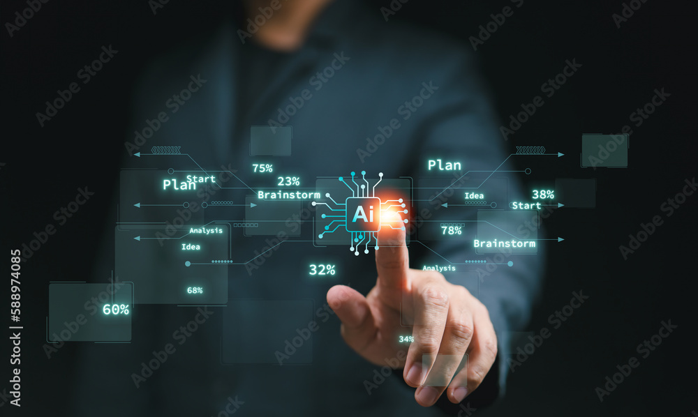 Poster The concept of technology and people involves using AI to assist with work, AI learning, and artificial intelligence. Technology, internet, and networking, and highlights the role of AI technology in 