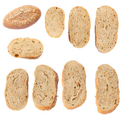 Set of appetizing homemade sliced bread and loaf of bread with crispy crust isolated on white background, transparent 