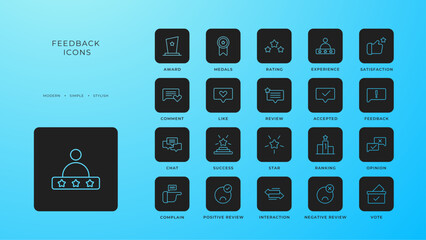 Feedback icons collection with black filled line style. analytics, research, information, diagram, report, statistic, app. Vector illustration