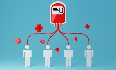 Blood bag transfusion with human sign surround by red cross sign on green background.blood donation day concept.3D rendering illustration.