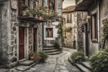 Fototapeta na wymiar charming cobblestone street in a quaint village. Generative AI