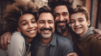 An image of a loving LGBT family, with two gay parents and their adopted children, smiling and embracing each other, against a warm and welcoming background. Generative AI