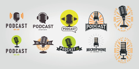 set bundle podcast logo with microphone icon design illustration vector design