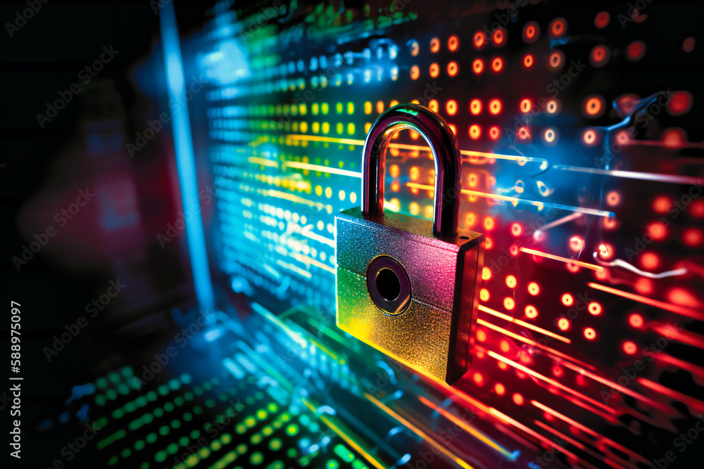 Poster explore a striking visual representation of data protection through a dynamic, colorful shield.
