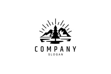 Spruce or pine tree with mountain background vintage logo vector flat black and white