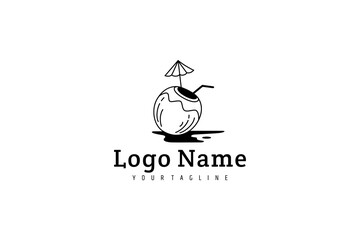 fresh coconut fruit logo with straw and small umbrella decoration in black and white flat vintage style