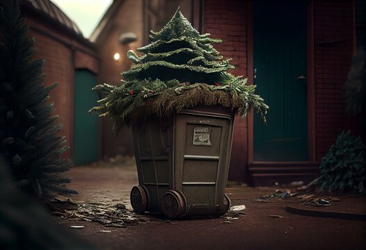 Christmas tree recycling garden waste wheelie bin. Generative AI