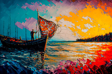 Fototapeta na wymiar Man Sail Out To Sea To Fish Oil Painting, Man Fishing In The Sunset Oil Painting, Fisherman Oil Painting, Generative AI 