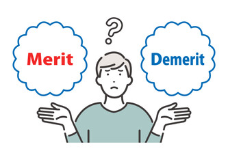 Merit / Demerit：メリットとデメリットを比べて悩む若い男性