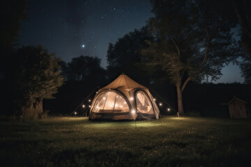 Contemporary tent with bright lamps installed on grassy clearing against trees and starry sky. Generative AI