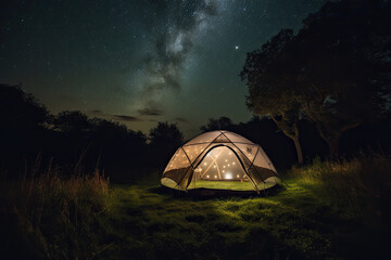Contemporary tent with bright lamps installed on grassy clearing against trees and starry sky. Generative AI