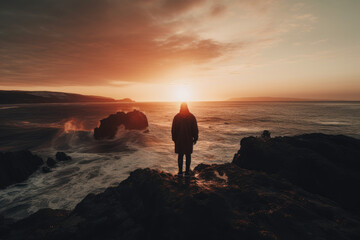 Fototapeta na wymiar A man standing on a cliff with ocean view. Generative AI