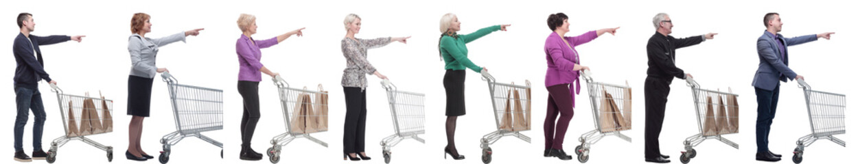 a group of people with a shopping cart point their fingers in front of them