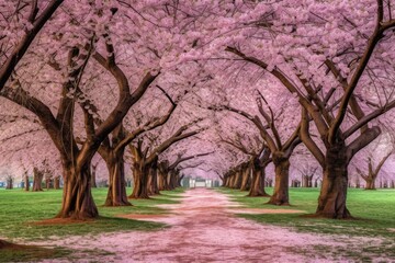 beautiful spring pathway with blooming pink trees in a park. Generative AI