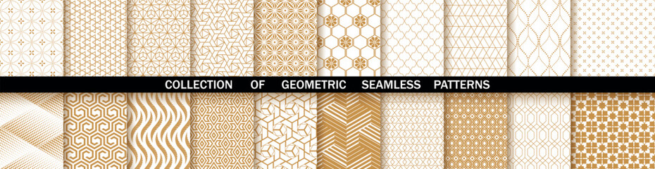 Geometric set of seamless gold and white patterns. Simpless vector graphics