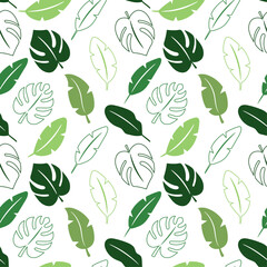 Pattern with tropical leaves on a white background